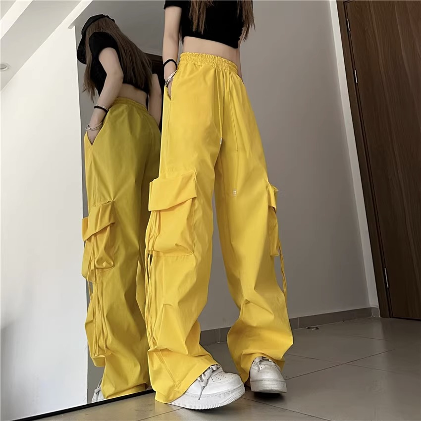 美式复古小众工装裤女立体口袋高腰直筒阔腿飘带宽松休闲拖地长裤详情4