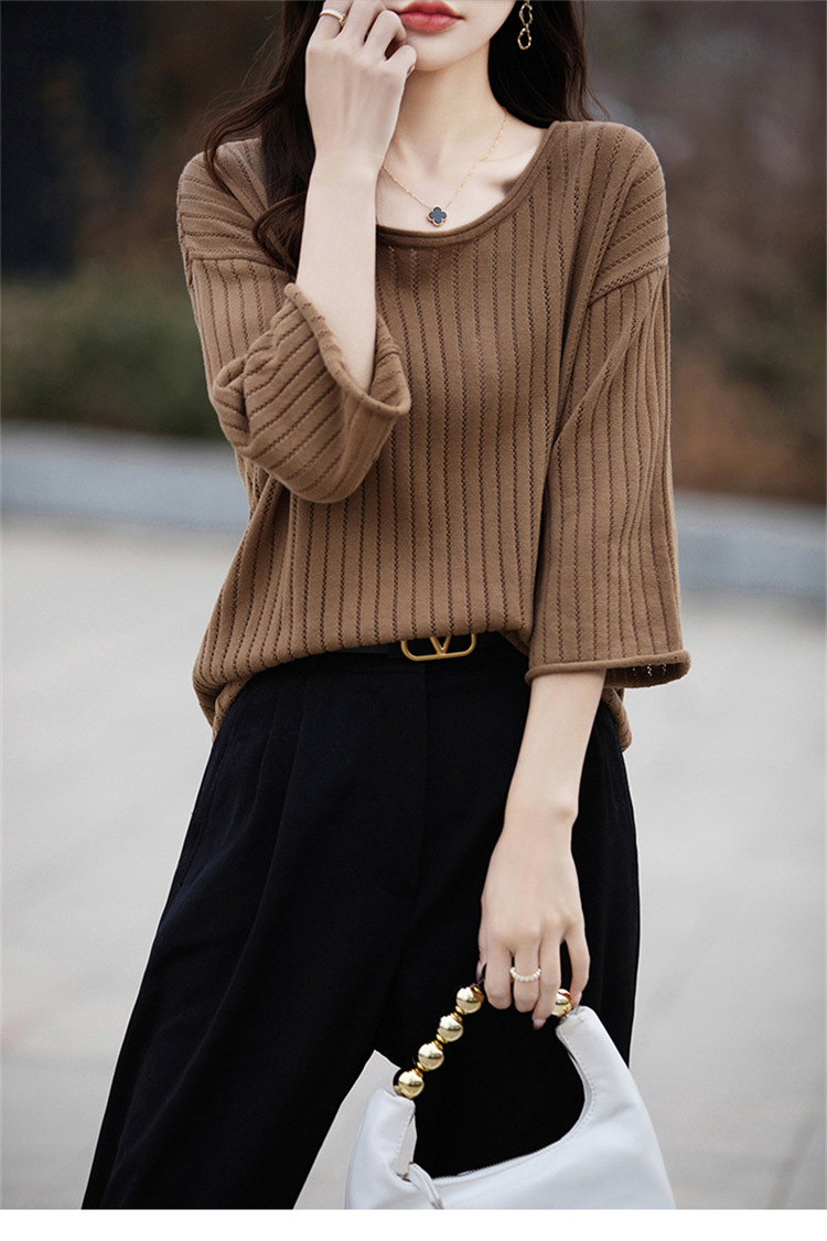 七分袖中袖夏女装纯棉镂空针织套头T恤清凉针织衫宽松版套头大码详情21