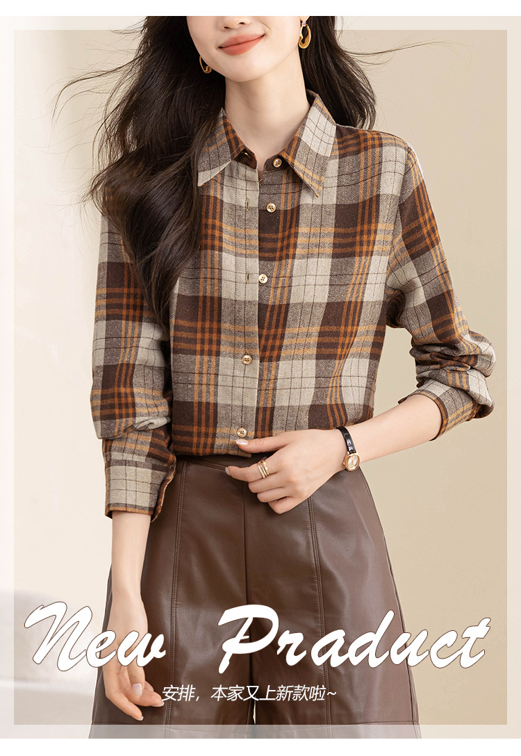 复古格子衬衫女长袖秋冬装新款中长款宽松上衣设计感小众磨毛衬衣详情4