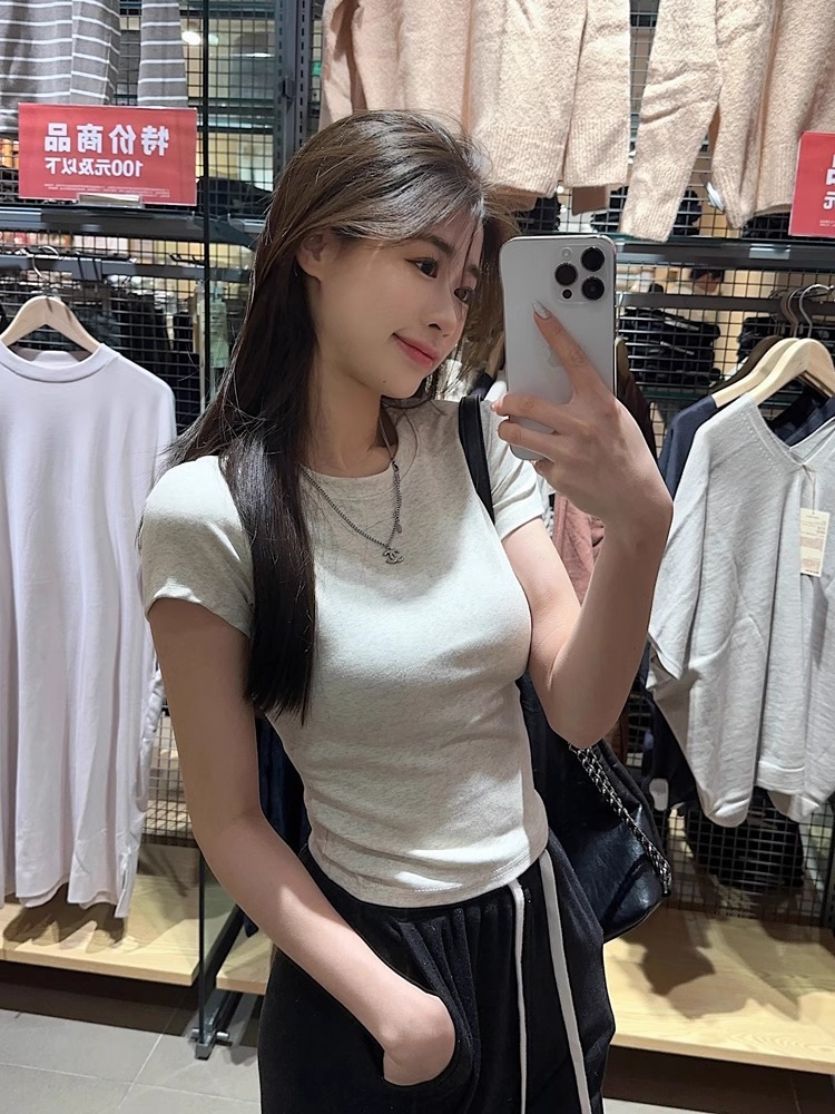 白色短袖打底衫内搭t恤女2024夏季新款显瘦修身辣妹短款正肩上衣详情15