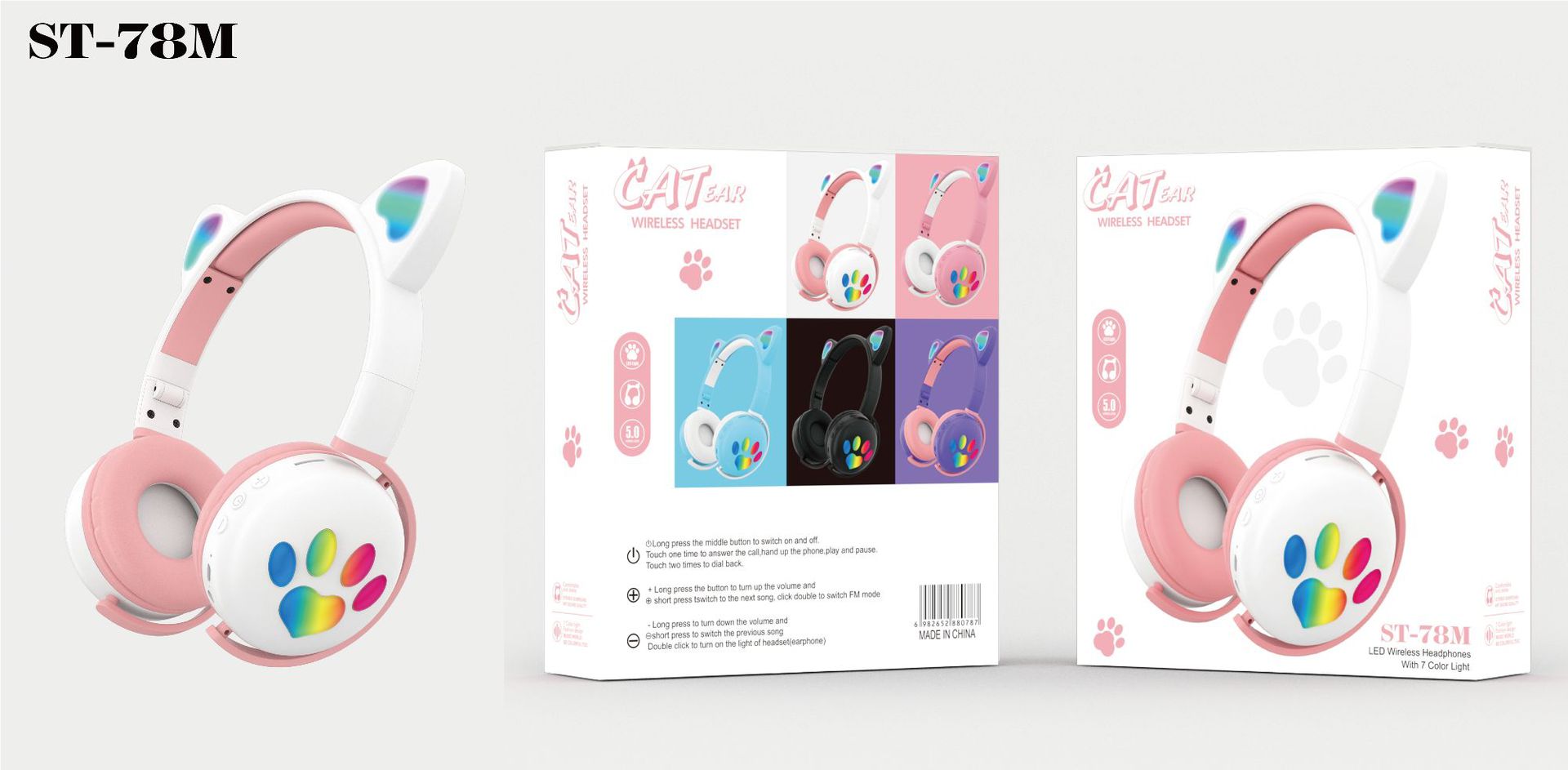 The original factory of the new cat ear over-ear wireless Bluetooth headphones ST78M cat paw LED fashionable neutral FM headset pic 5