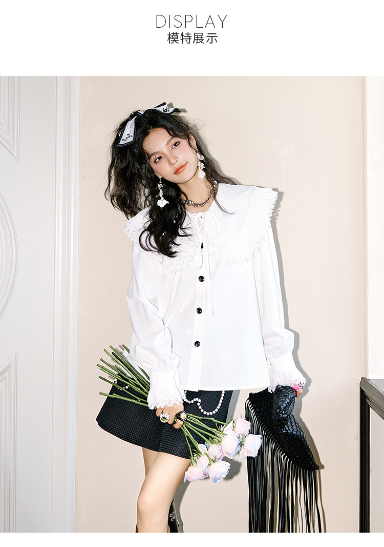 The new long-sleeved white shirt for women in the autumn of 2023, with lace trim and a doll-neck design, is a stylish shirt for women pic 21