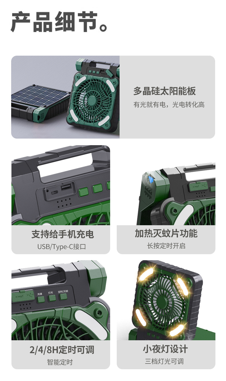 睿燊 品牌跨境私模露营太阳能充电小风扇USB可折叠跑马灯户外桌面史迪仔款详情11