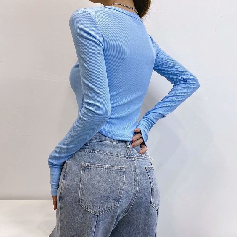 2022秋季新款辣妹女装长袖排扣弧形下摆圆领修身短款女式T恤详情19