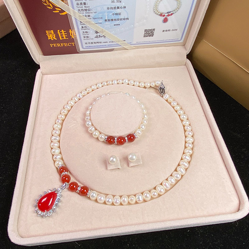 天然淡水珍珠项链绿玉髓吊坠白珍珠手链套装送妈妈婆婆母亲节批发详情38