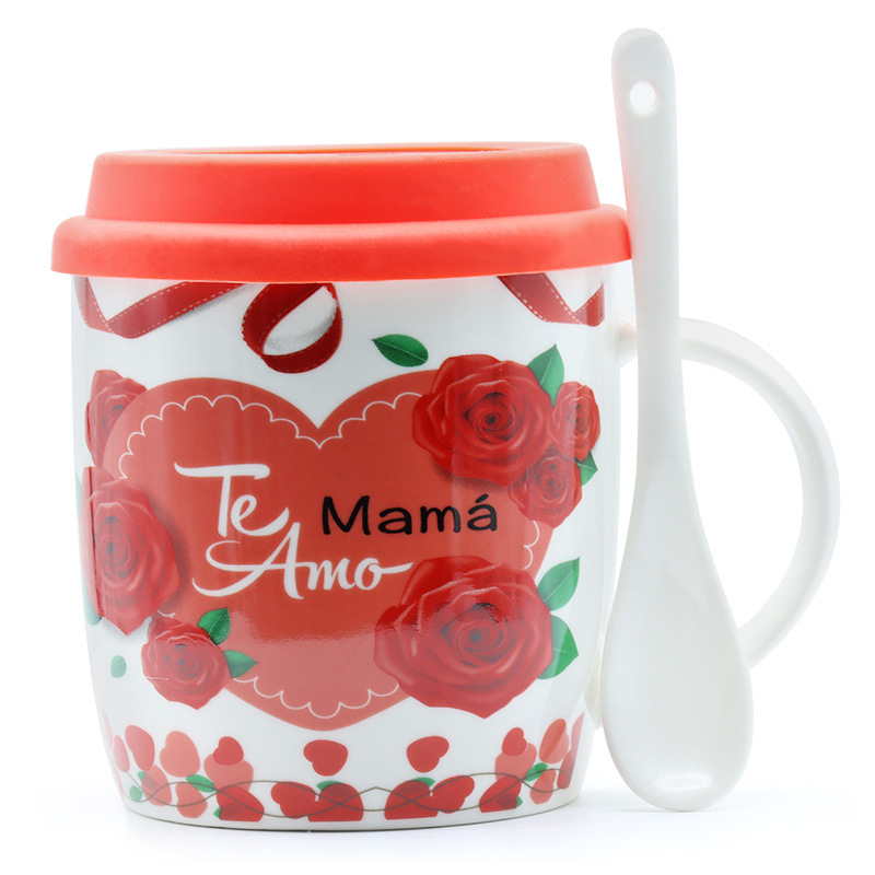 西文母亲节杯子西语母亲节马克杯礼品陶瓷杯牛奶杯带硅胶盖柄勺套装礼物支持定制logo免费设计详情8