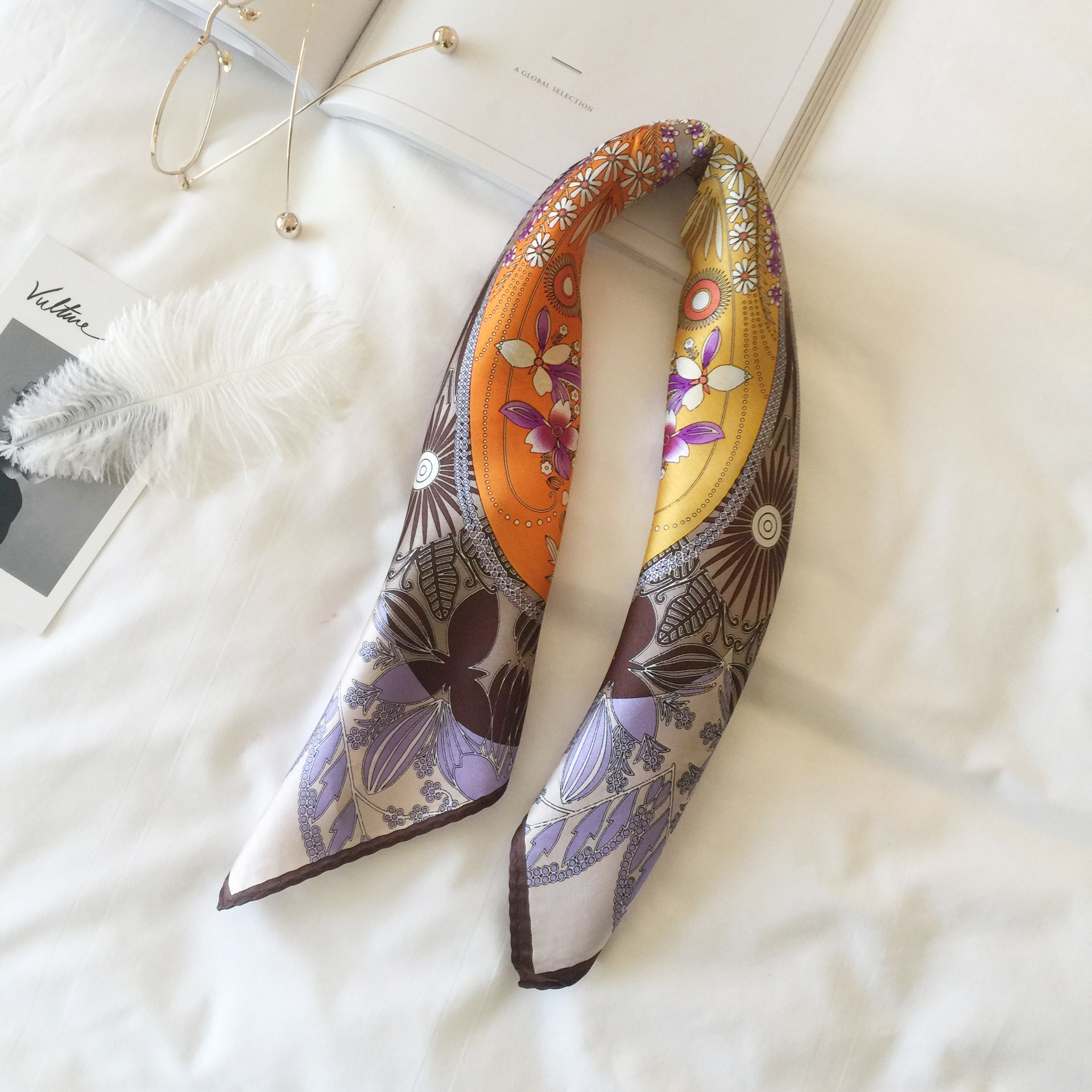 Wholesale silk scarves for overseas gifts and return gifts, cross-border silk autumn and winter decorative plain crepe satin 53cm floral neckerchiefs, small square scarves pic 87