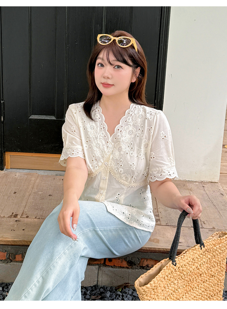 Korean lace-embroidered hollowed-out short-sleeved blouse for women in the summer of 2025, a new French waist-cinching top for chubby girls, 222447 pic 27