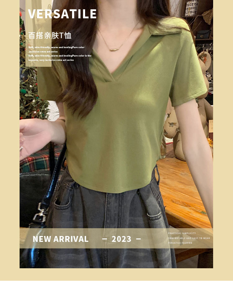 Irregular Polo collar short-sleeved shoulder T-shirt for women, with a unique and pure design sense, tight-fitting innerwear and base layer top pic 4