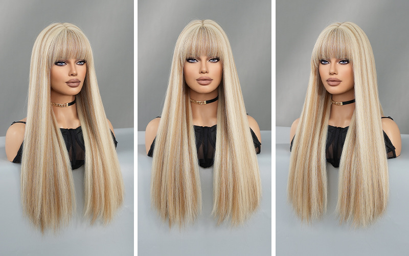 A cross-border Wig blogger on Xiaohongshu, a wig for women with long straight hair, highlights dyed beige lolita, and a full synthetic fiber wig pic 16