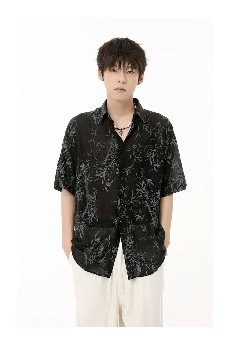MTLCLOTHES男装|2024夏款新品 新中式国风薄款竹叶慵懒短袖衬衫潮详情10