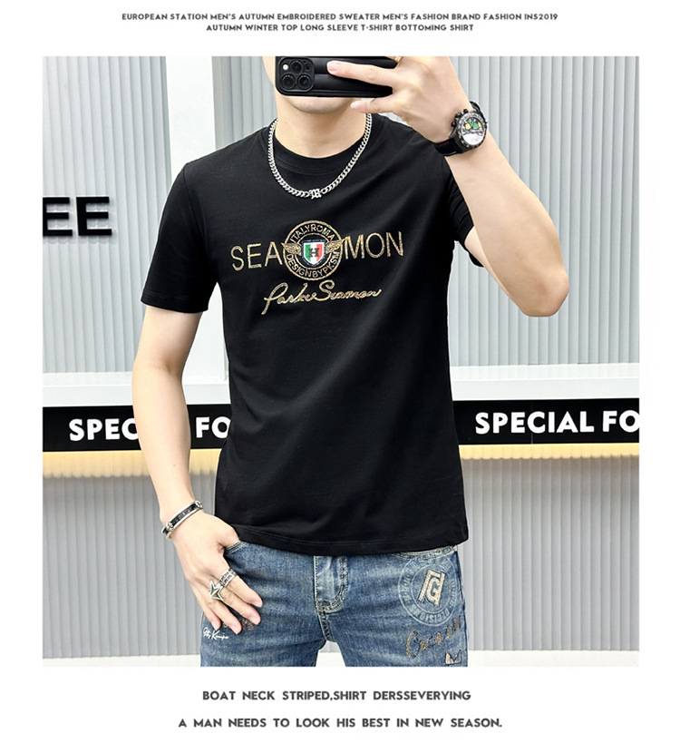 2024年夏季新款男士字母休闲时尚烫钻印花透气圆领修身短袖T恤衫详情6