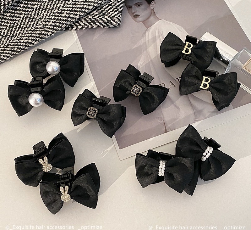 小号蝴蝶结抓夹公主头珍珠发夹女黑色侧边刘海加顶夹发卡夹子头饰详情3