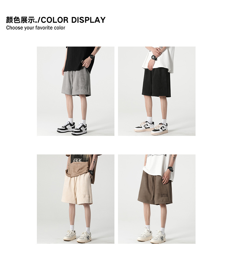 休闲短裤男生夏季新款麂皮绒宽松弹力五分裤美式钢印直筒运动裤子 pic 2