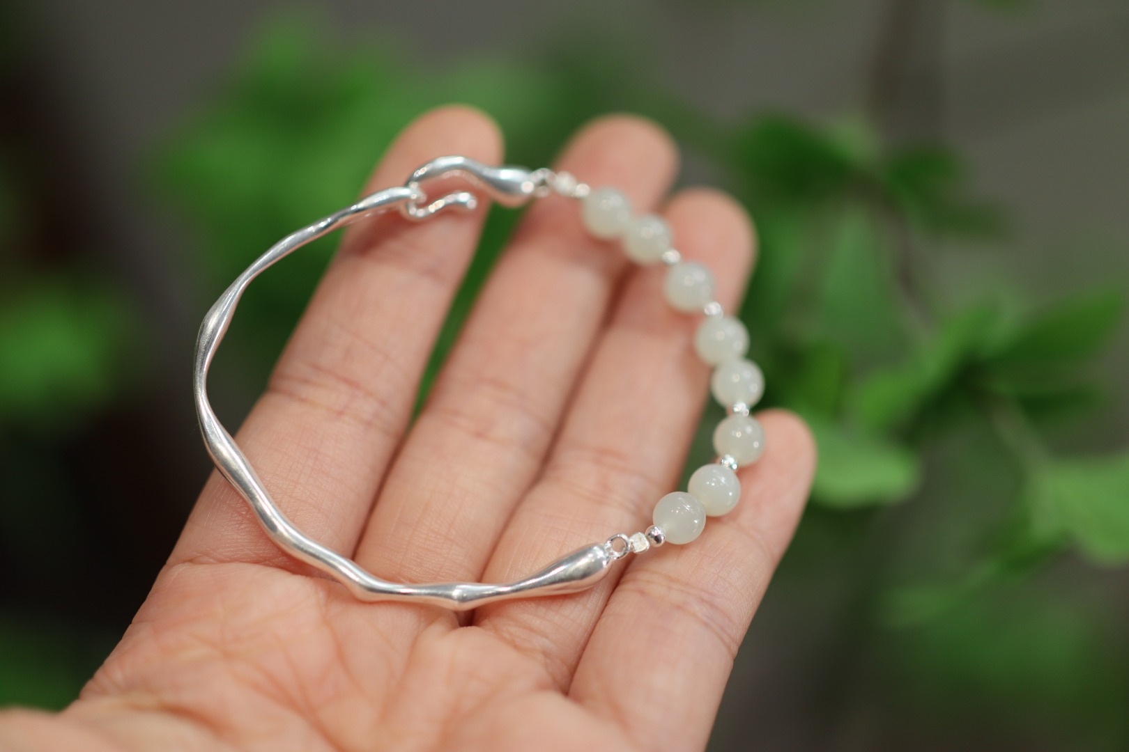 Natural Hetian jade bracelet S925, pure silver solid half bracelet, half bracelet, freshwater pearl bracelet, cold style girl pic 7