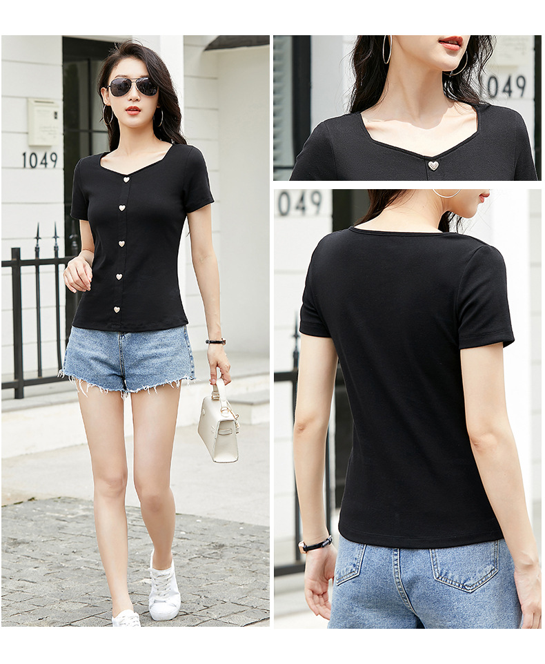 法式方领显锁骨弹力棉爱心纽扣小香风时尚短袖女T恤2023夏新款170详情12