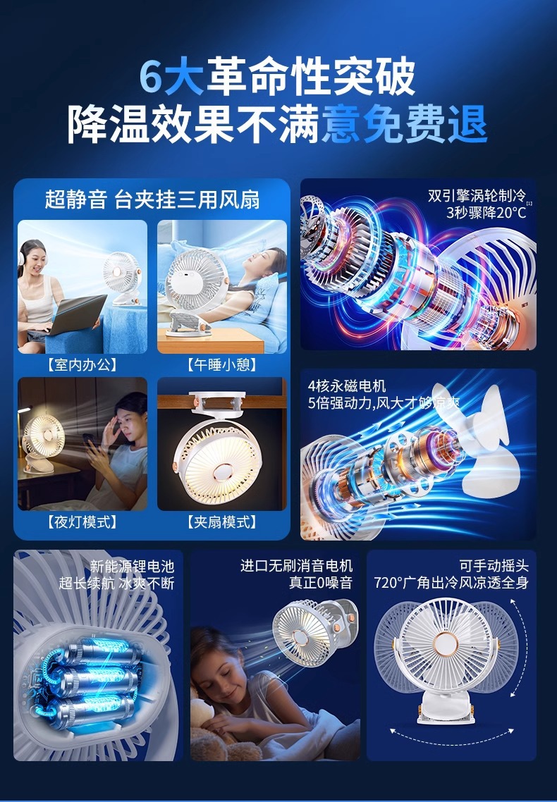跨境usb夹子风扇迷你便携式充电小风扇手持桌面宿舍夜灯夹扇挂壁详情11