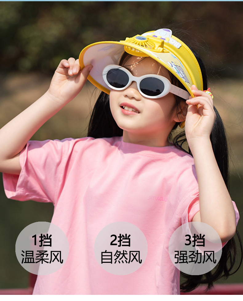 新款儿童风扇帽夏天防晒空顶帽卡通小熊时尚遮阳帽可调节USB充电详情3