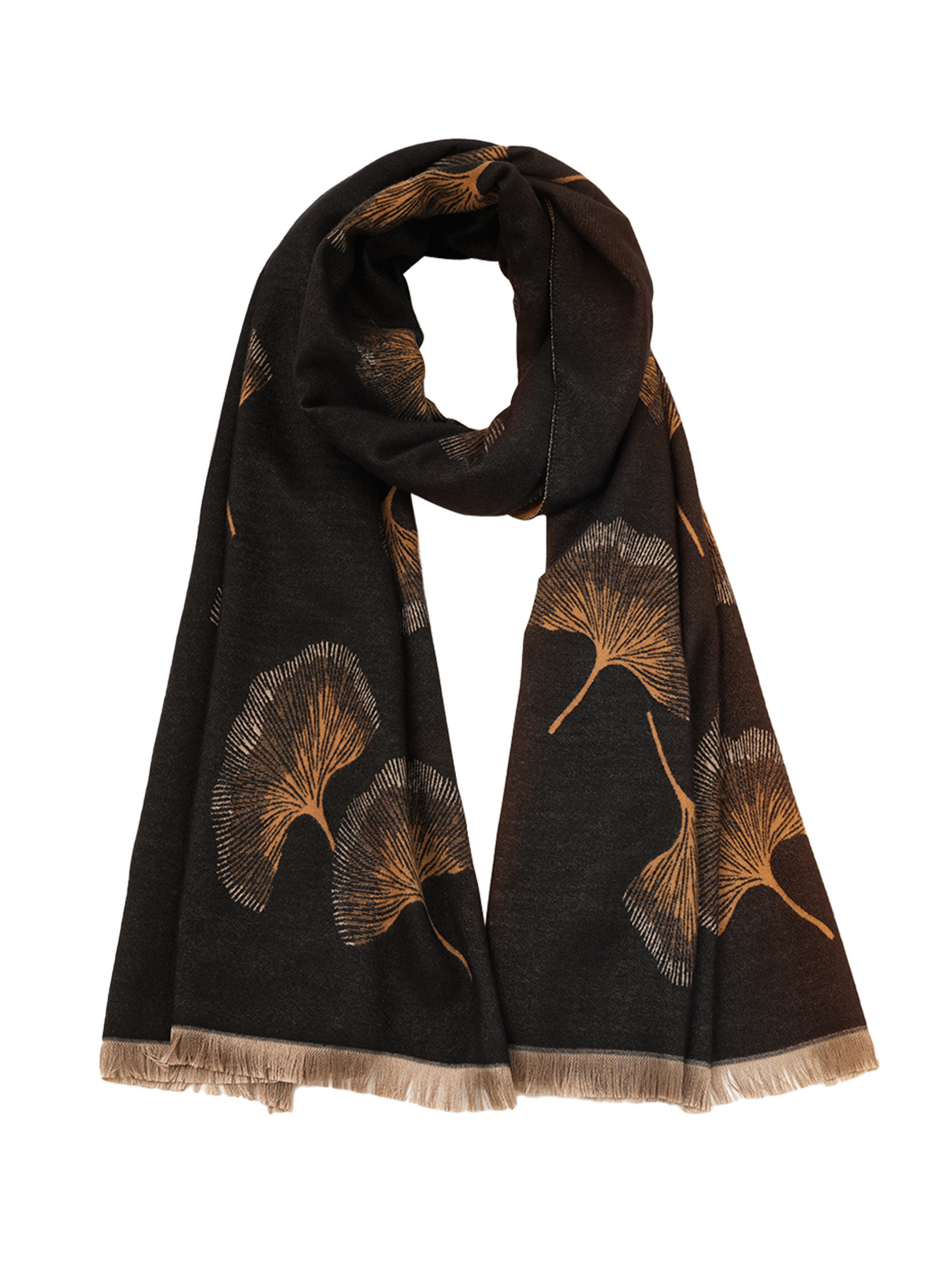 2023年秋冬季新款羊绒银杏叶提花大披肩复古加厚加厚短须女士围巾详情6