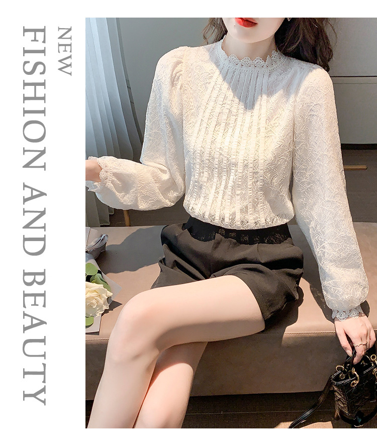 New Chinese-style in-stock real photos of the autumn new Korean-style versatile semi-high-neck lace base shirt for women. Pair it with a lace shirt inside pic 14