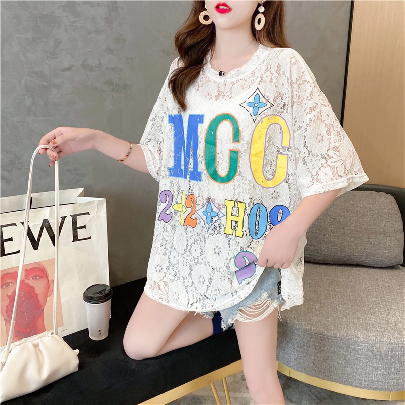 A real photo of a fresh and semi-transparent flower-patterned short-sleeved T-shirt for women in 2022 summer. A very ethereal Korean-style base layer pic 6