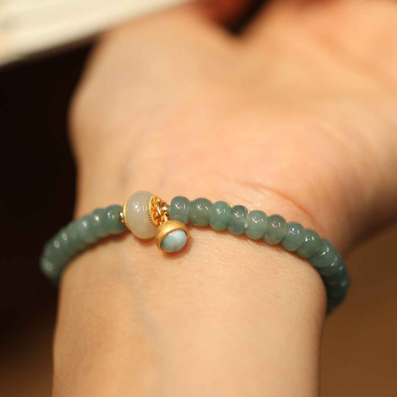 Blue water jadeite abacus bead single-loop bracelet and Tian Tian jade running ring Nan Hong accessory jewelry bracelet for good fortune and auspiciousness pic 15