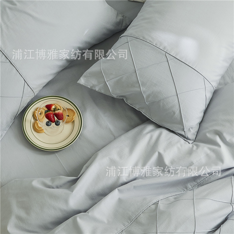 Wholesale of high-quality three or four-piece sets of washed cotton 40-count hand-knitted rhombus-shaped checkered plain pure cotton bedding pic 47