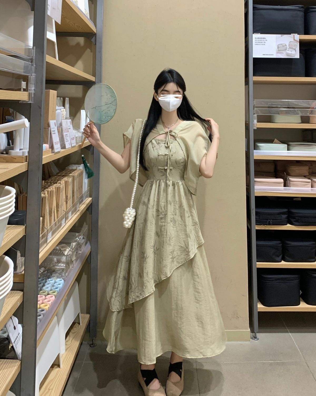 国潮竹叶国风汉服不规则吊带连衣裙女夏大码胖mm新中式收腰显瘦两件套详情13