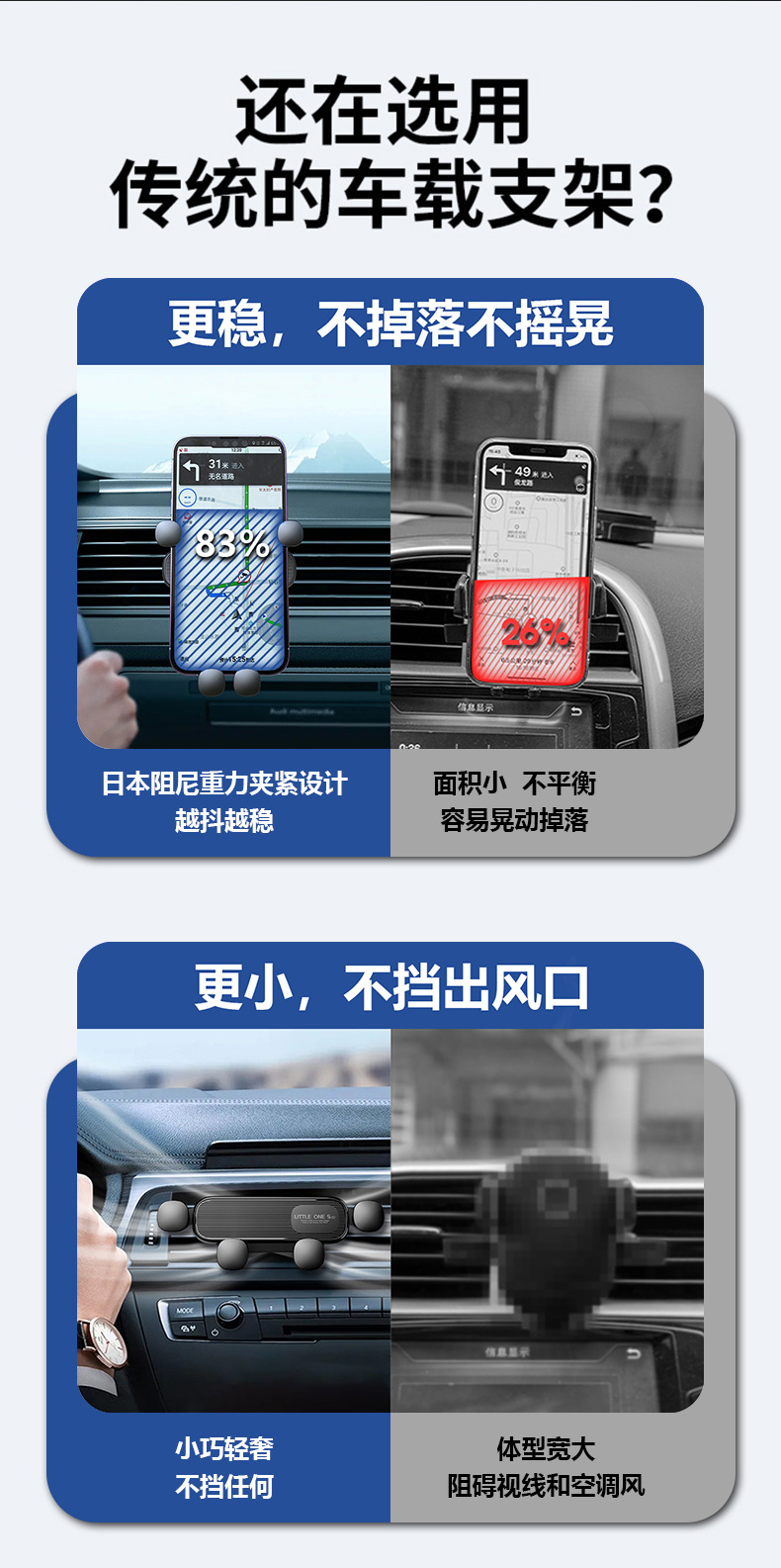 抖音新款车载手机支架车载出风口导航汽车重力隐形伸缩固定支架详情3