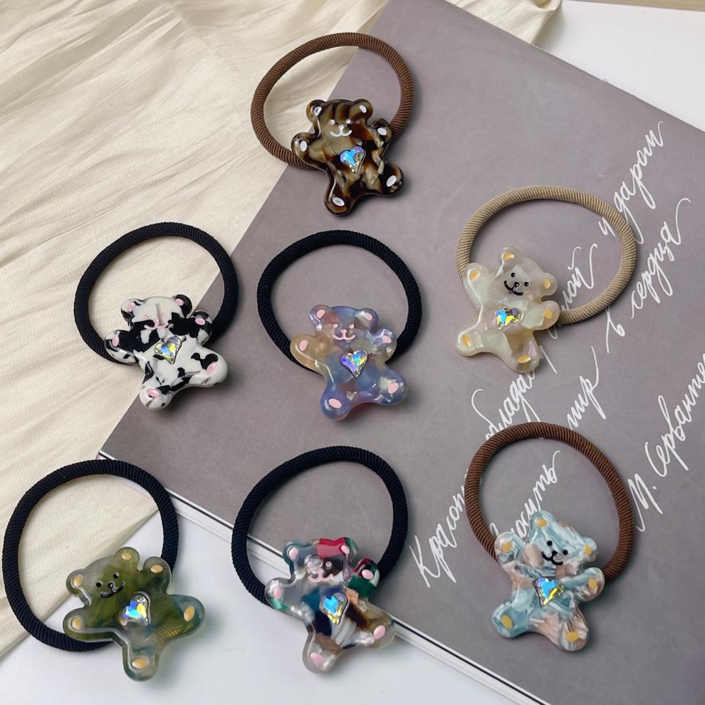 Cute cartoon bear heart diamond-encrusted hair tie long hair, colorful elastic hair tie for girls, new style for girls in 2023 pic 4