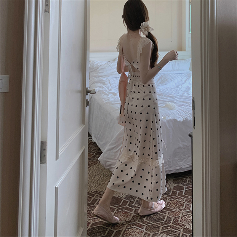 2024 New summer printed square-neck ruffled, slim and sexy polka dot lace backless long dress for women pic 4