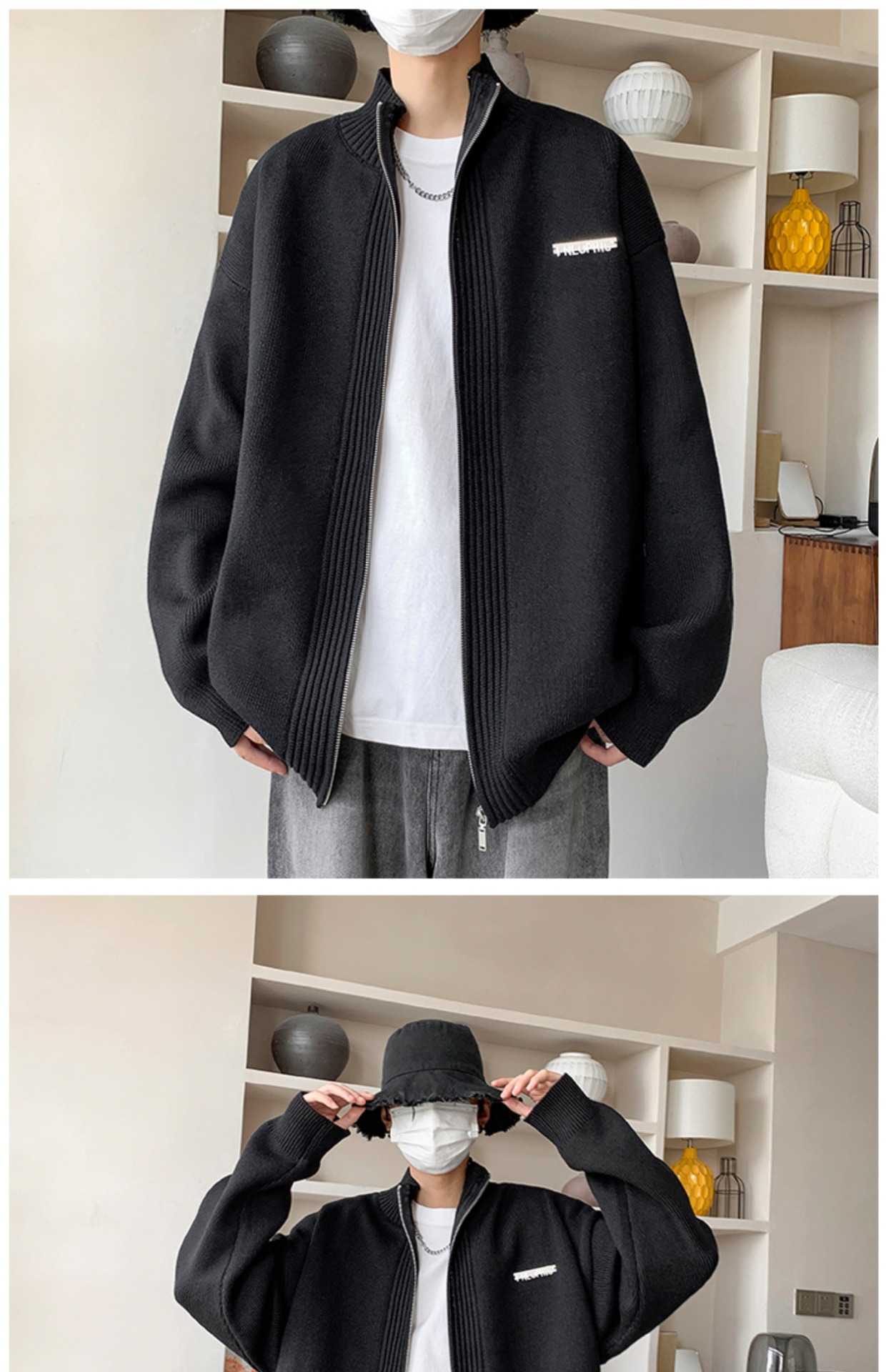 Laid-back style zipper sweater for men, autumn and winter American stand-up collar cardigan, loose trendy couple knitted sweater, casual coat pic 22