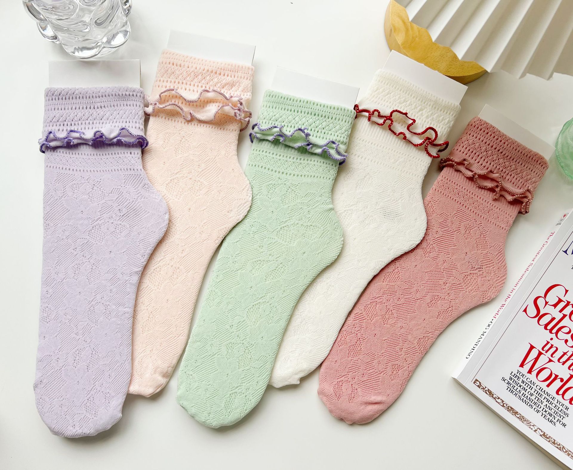 Spring and Summer new collection: cream puffs, Japanese style, cute and girlish, lace cutout short socks, mesh pile socks, two pairs of jk socks pic 3