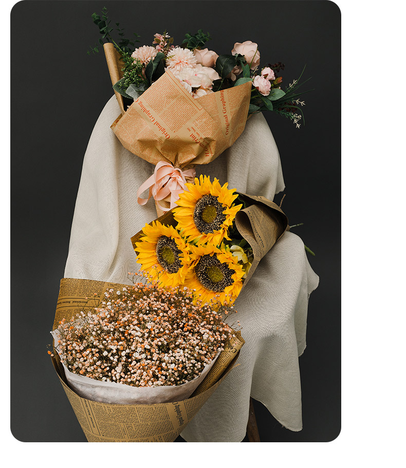 鲜花包装纸材料批发花束礼品包装纸复古包花牛皮纸向日葵英文报纸详情21