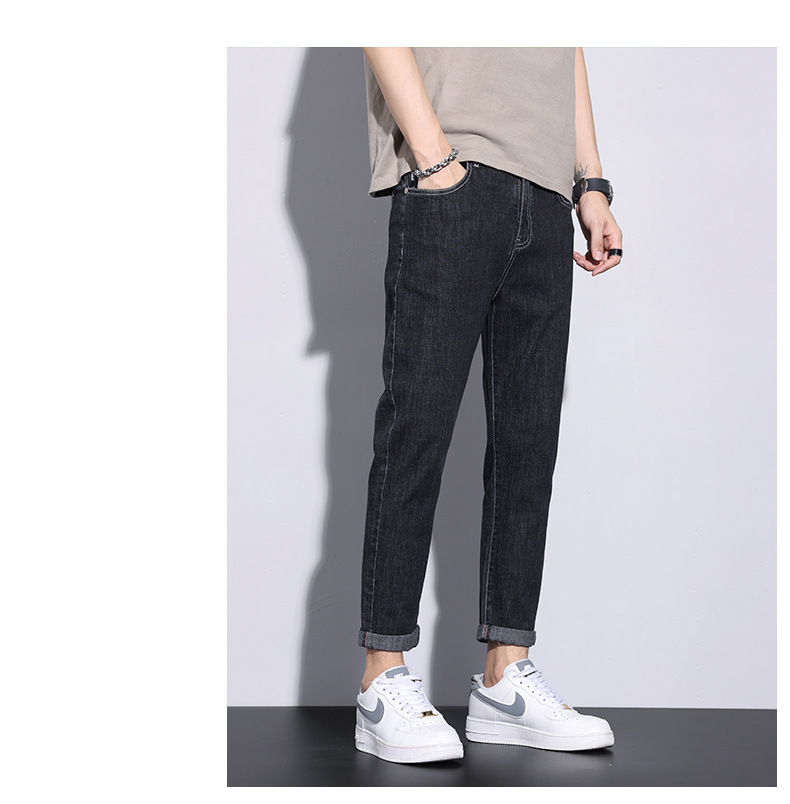 米杉高品质牛仔360#男士工艺修身牛仔裤弹力小直筒九分裤黑灰色长详情7