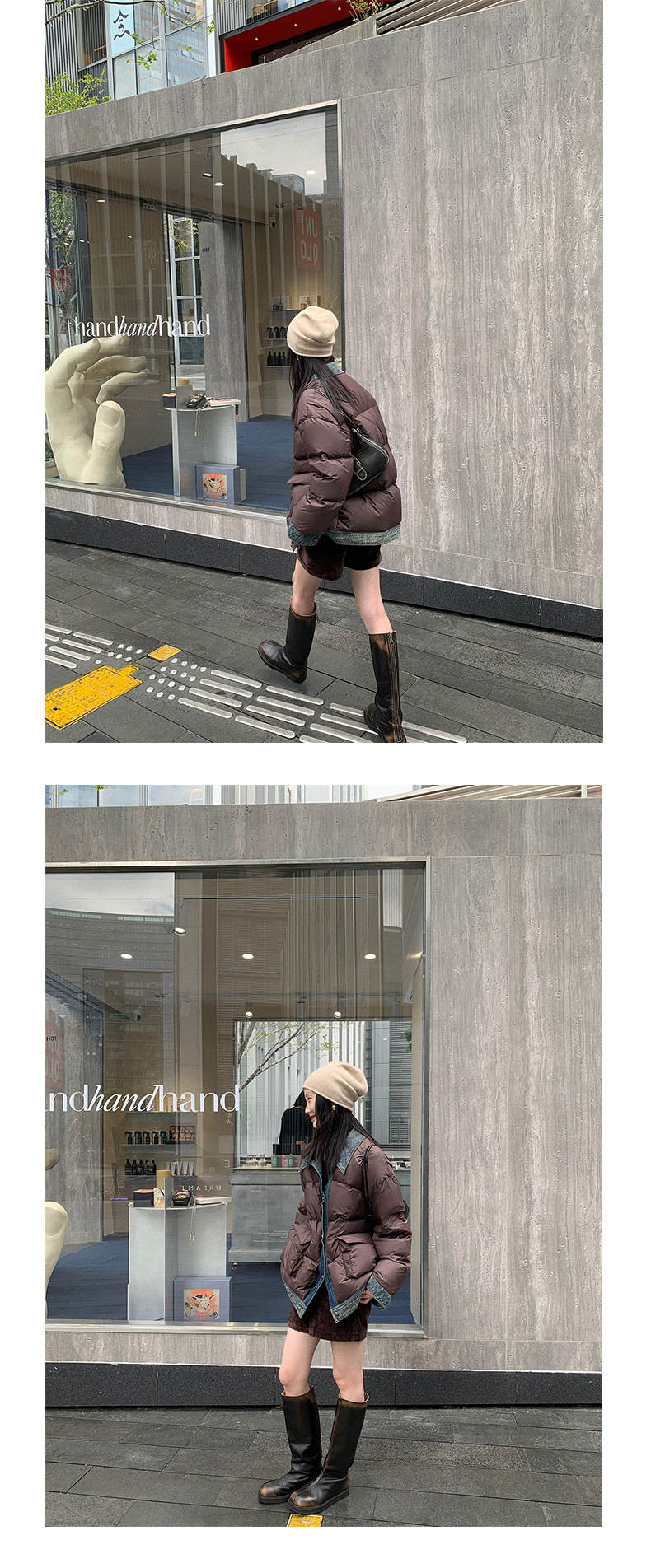 Qumeng DT CLASSIC Retro patchwork fake two-piece denim down jacket for women, 90 white duck down winter coat for women pic 50