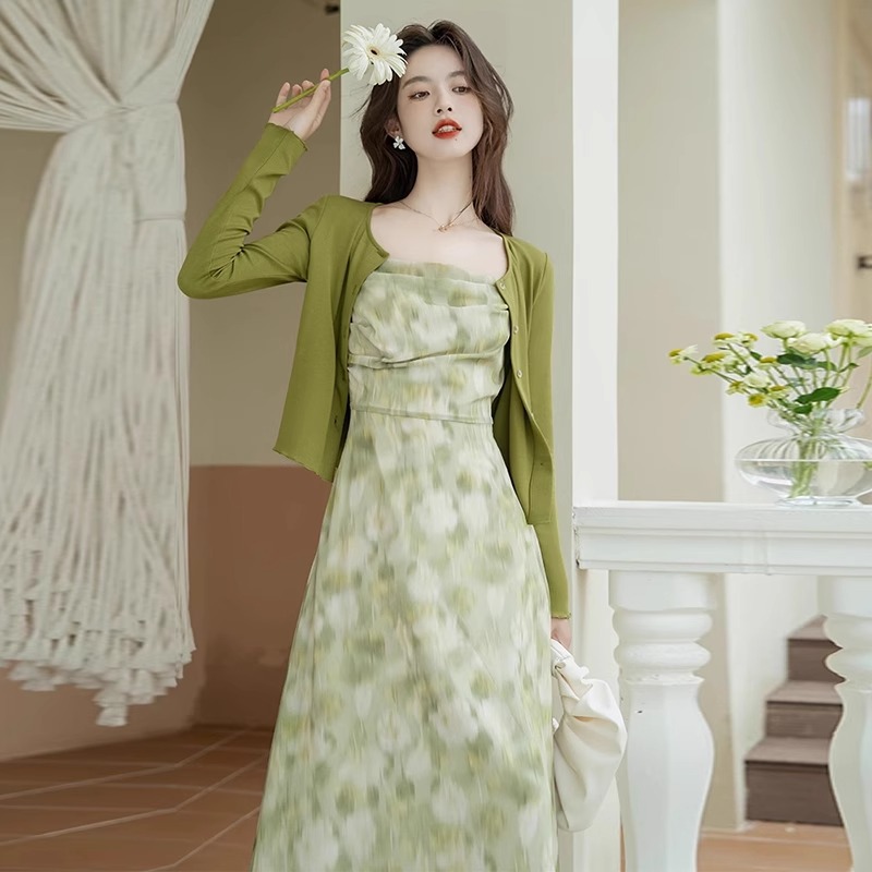 French green floral print dress for women, Summer Two-piece set 2025, versatile, super fairy-like gentle style cardigan A3118 pic 5