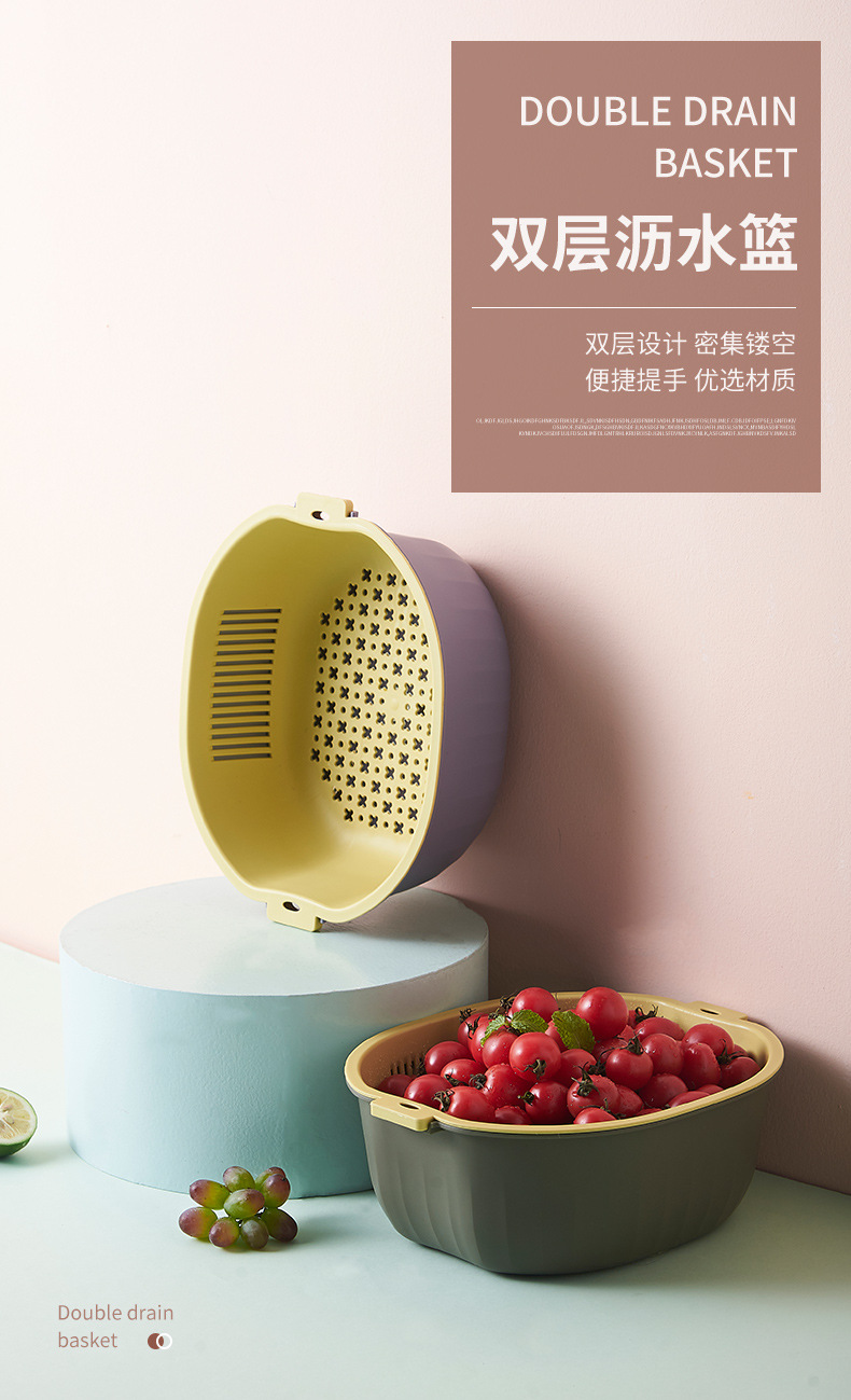 沥水淘米洗菜蔬菜沥水篮多功能双层加厚沥水篮 便携厨房塑料镂空详情1