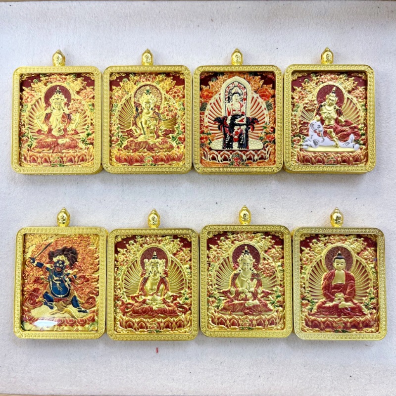 单面藏式浮雕合金唐卡文殊普贤本命佛随身佛牌黄财神吊坠详情22