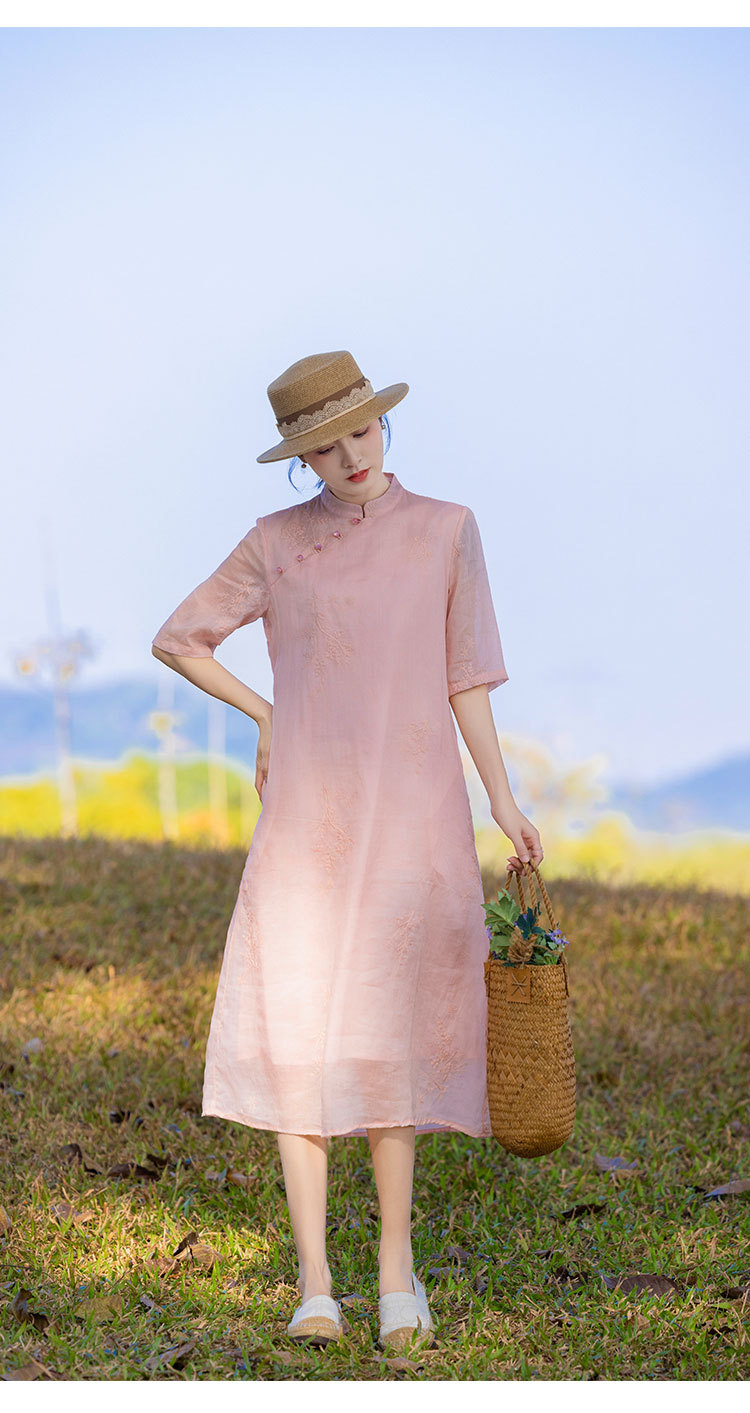 新中式棉麻女装苎麻连衣裙2024春夏新款立领国风复古改良旗袍批发详情12