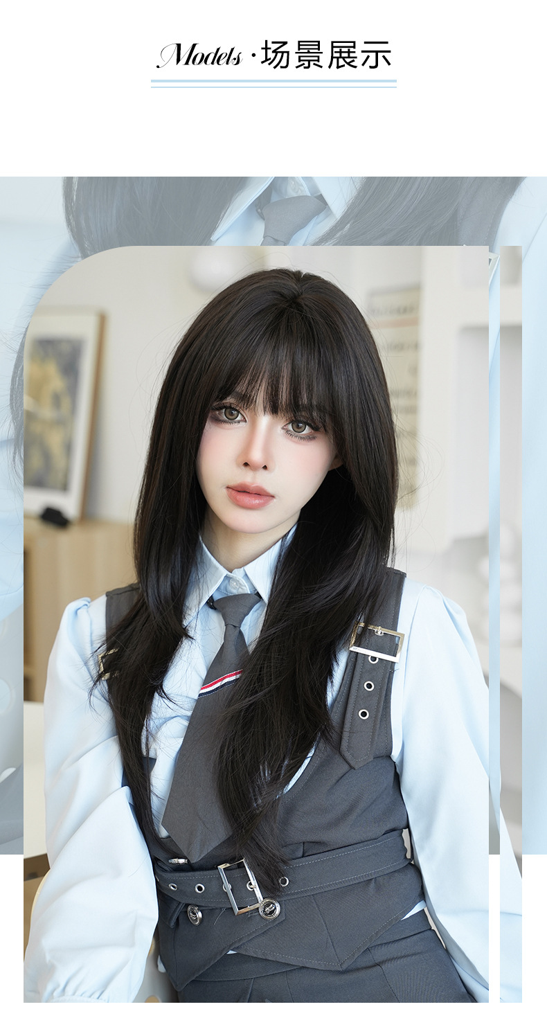 Cross-border spring new product wig for women, long straight hair with inwardly fastened ends, simulated chemical fiber head cover, full set of wig wholesale pic 5