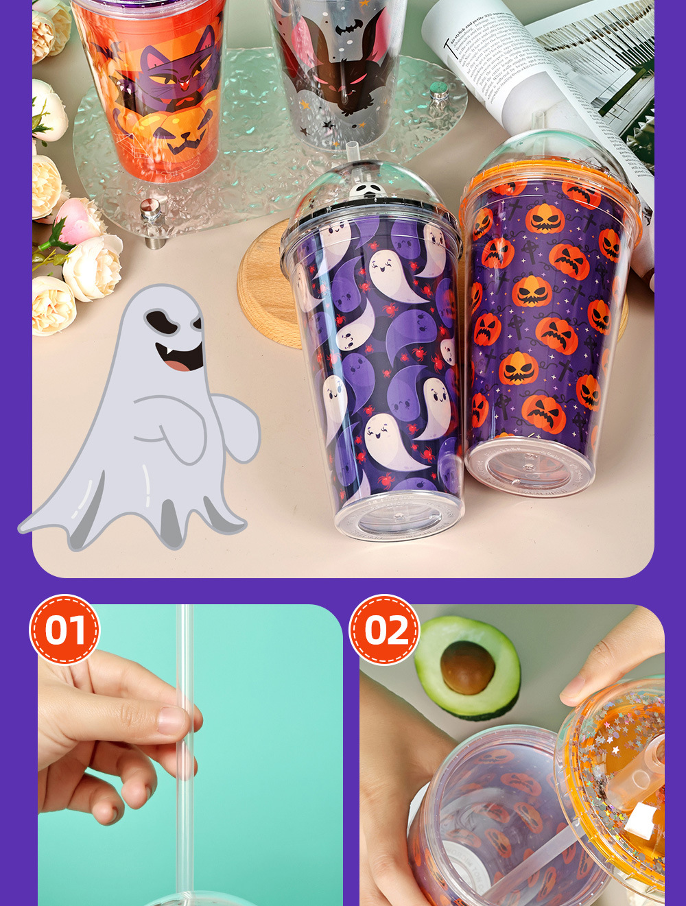 30013 450ml Halloween Micro-Landscape Cartoon Sequin Water Cup Double-layer Plastic Straw Cup Summer Ice Cup pic 8