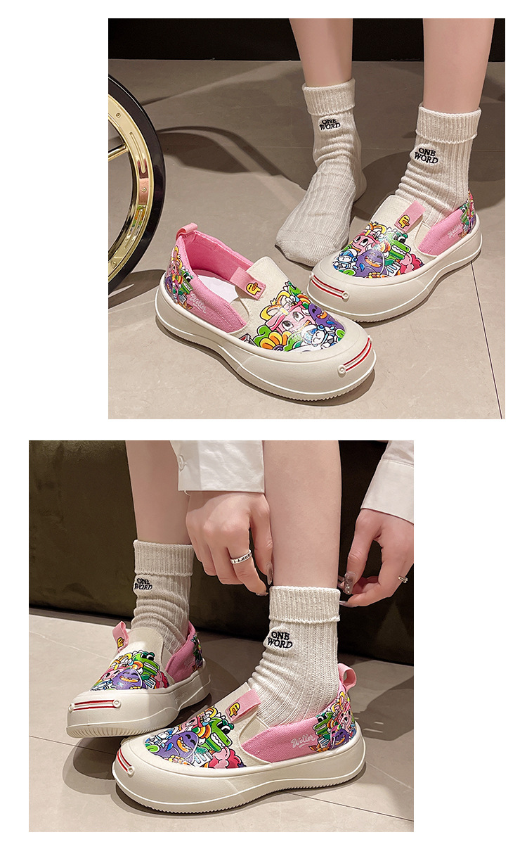 可爱卡通懒人一脚蹬厚底透气帆布鞋女涂鸦2024春秋新款休闲鞋批发详情13