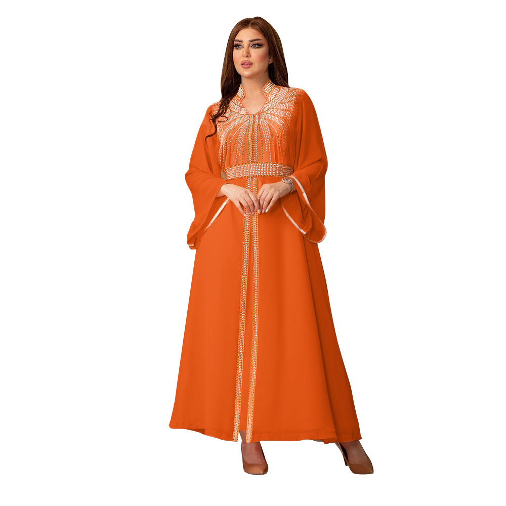 XQY500090 Foreign trade Arab robe, Middle East kaftan fashion Hot diamond belted chiffon dress pic 16