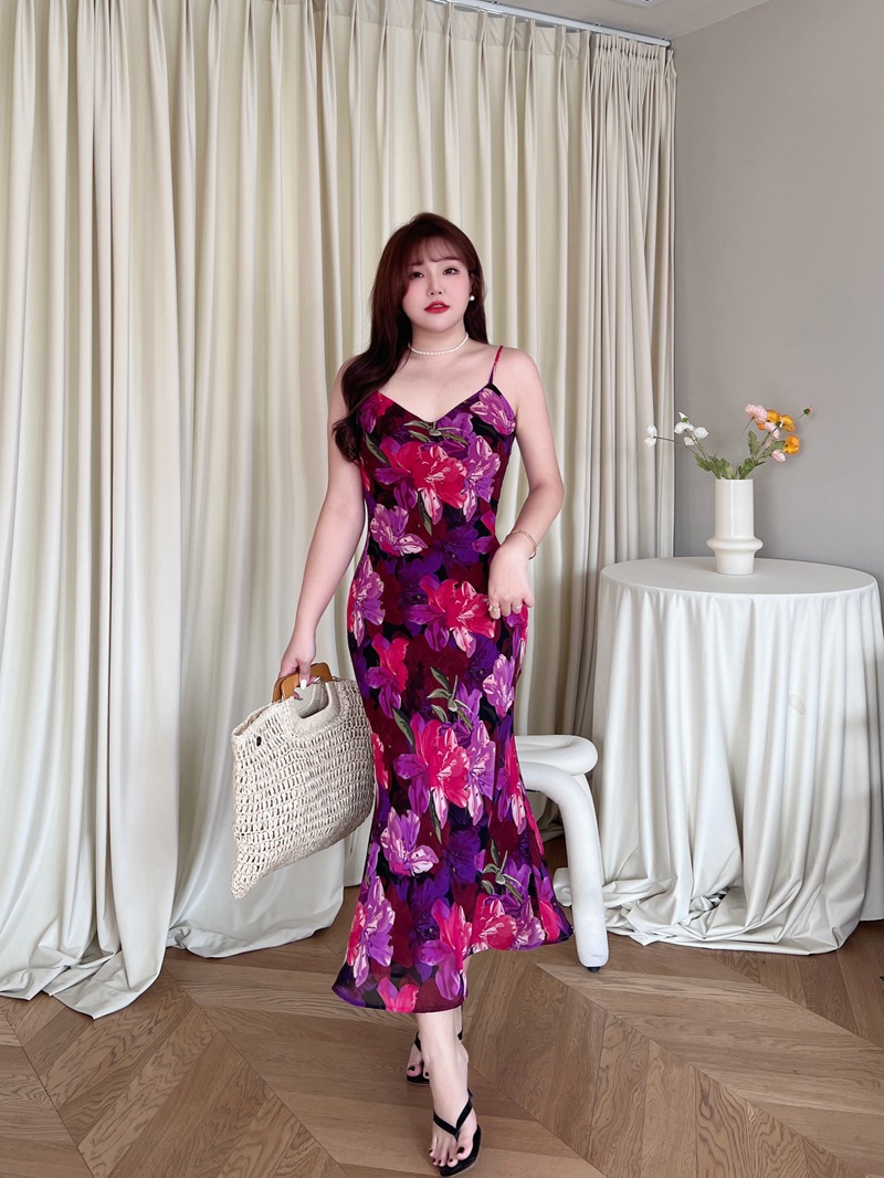 润其N8725法式收腰紫花鱼尾吊带裙批发 大码女装吊带连衣裙详情11