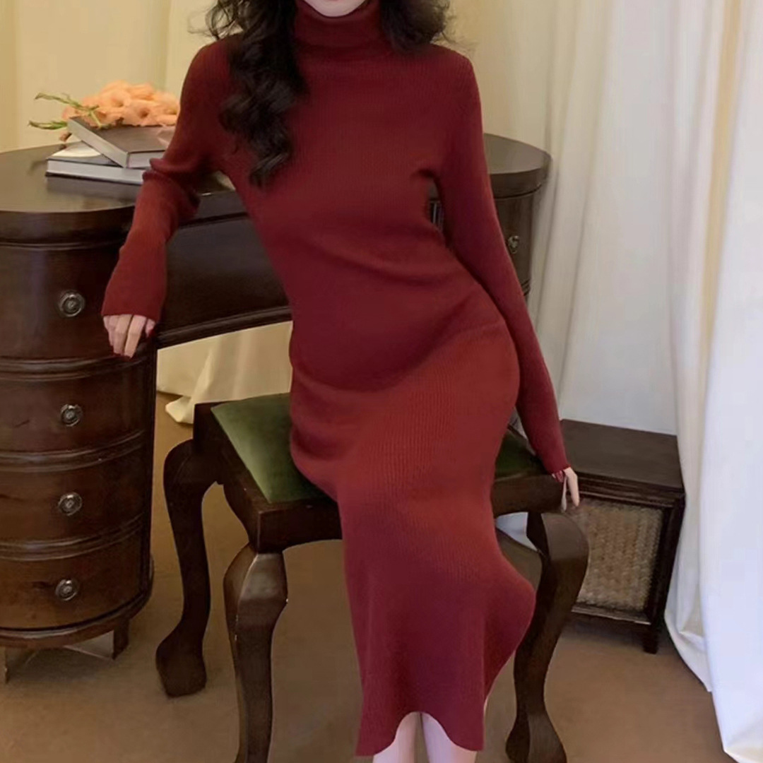 Semi-high neck solid color striped long sweater dress, new autumn and winter style, slimming, versatile base knitted dress for women pic 7