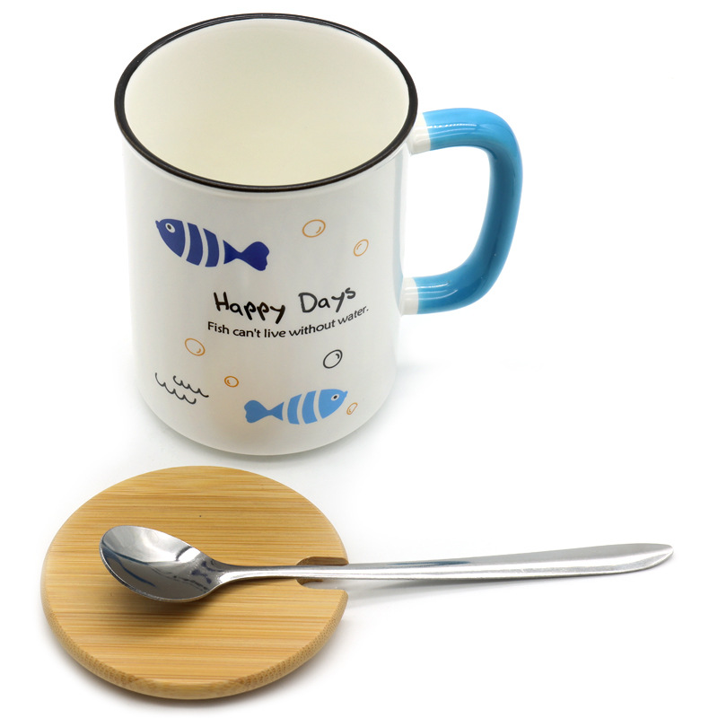 卡通陶瓷马克杯带竹盖带柄勺套装创意蓝色小鱼陶瓷杯时尚早餐杯家用办公室休闲杯个人商务礼品详情6