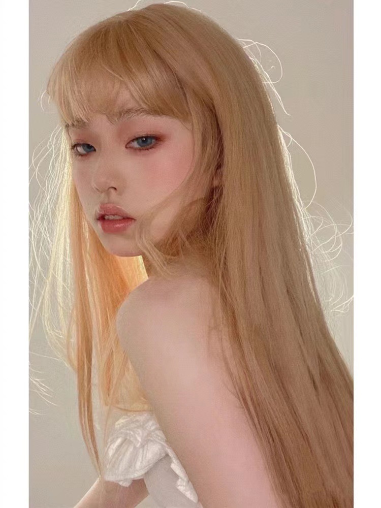 The bangs of the Internet celebrity, pure desire style, black long straight hair natural wig, female full head set, white and gold wig, long straight hair Barbie pic 11
