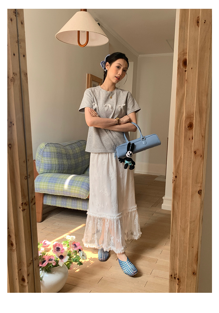 Aisili 2025 Spring Korean ballet-style lace bow design Versatile short-sleeved T-shirt for women 13316 pic 24