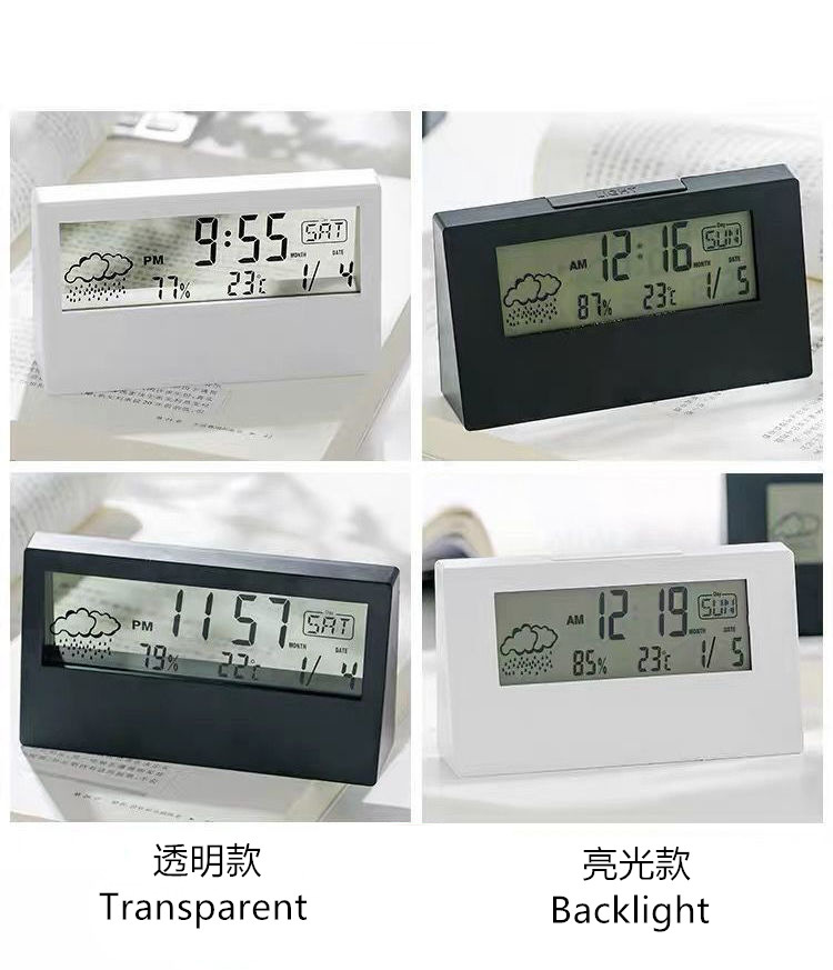 外贸ins简约时钟天气温湿度数显儿童小闹钟透明夜光多功能电子钟详情15